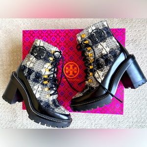 Boots: Tori Burch Miller 90MM Lug Sole Bootie with wool castres/ calf leather
